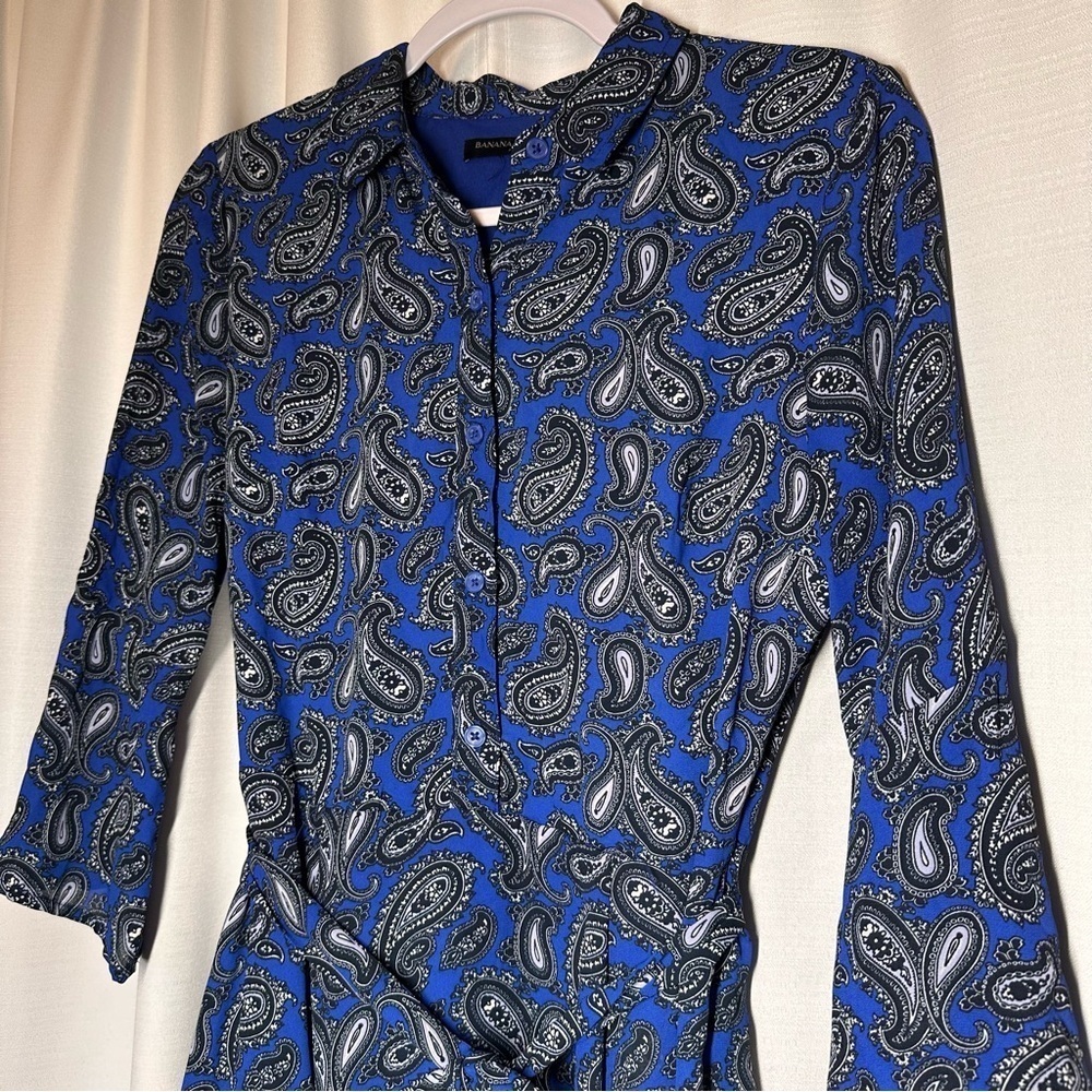 Banana Republic Career Dress Women's Size 4 Blue Paisley Print Belt Bell Sleeve - Picture 3 of 12